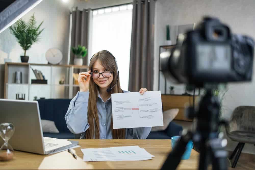 A woman with long hair and glasses is sitting at a table with a laptop and papers, showcasing tools for online business. She holds up a mind map while speaking to a camera in a well-lit room adorned with shelves and decor.