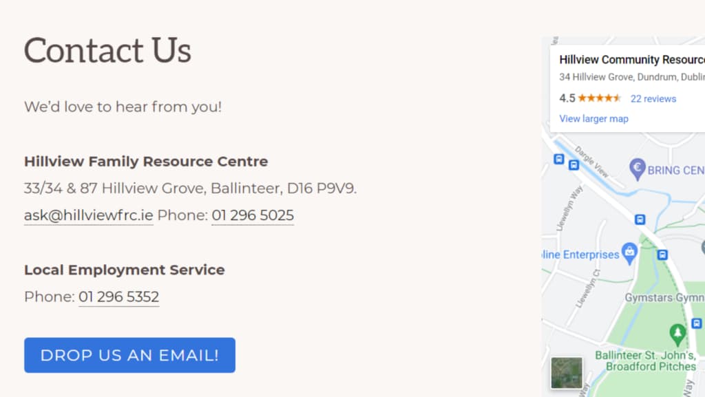 Contact information for Hillview Family Resource Centre is shown, following coaching website best practices. Details include address, email, and phone number. A small map on the right displays the location with nearby roads and landmarks. A "Drop Us an Email!" button is visible.