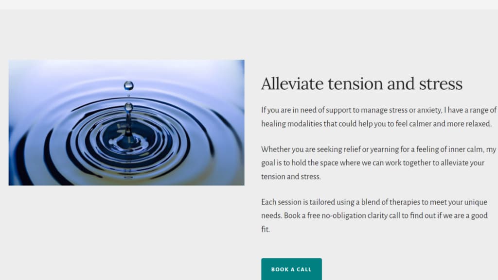 Coaching website best practices: a two-column display featuring an image of the ripple effect and a sub-heading that states "alleviate tension and stress".  This example is used to show how you can break up the text on a website by using lots of white space, headings, subheadings, short paragraphs and imagery.
