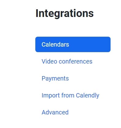 Screenshot of the TidyCal user interface showing integration options and how to import booking types to TidyCal from Calendly. A highlighted blue tab labelled "Calendars" is selected, with other options: "Video conferences," "Payments," "Import from Calendly," and "Advanced.