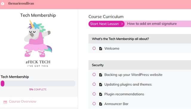 How to select the right online course platform - I love MemberPress from No Hassle course and membership because it's an affordable course platform that allows me to create unlimited courses and memberships. The screenshot shows you an overview of my Tech Membershp.