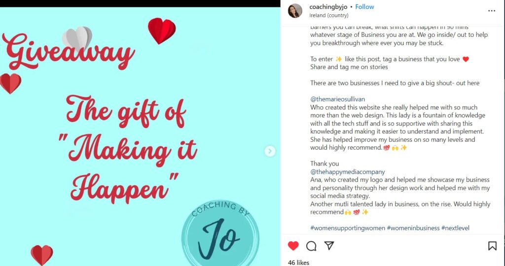 A social media post celebrating the launch of Business Coach Jo O'Riordan's new website 
with a heart-filled text graphic and circle logo. The post tags her web designer and her logo designer.