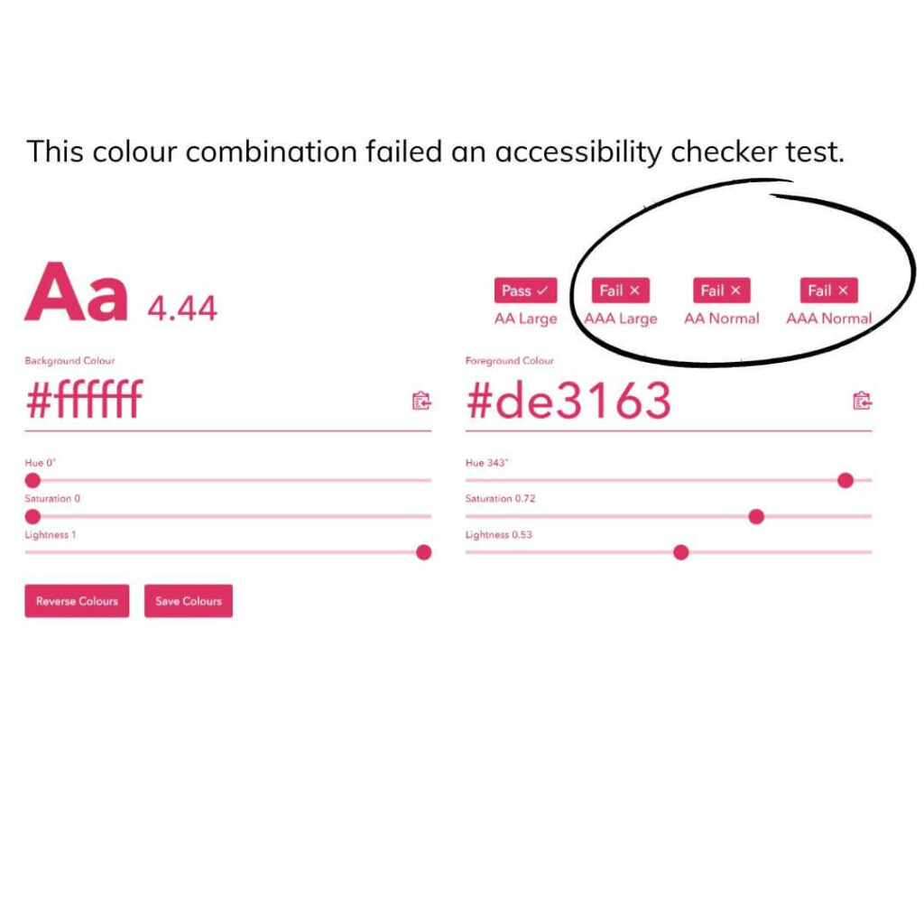 This colour combination that a client had chosen failed an accessiblity checker test. Her chosen colour palette for her website was #ffffff (white) and #de3163 (cerise). 