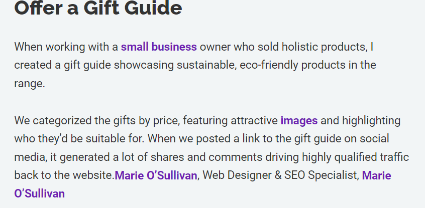 A quote from Marie O'Sullivan SEO Specialist featured in an article about Christmas SEO.