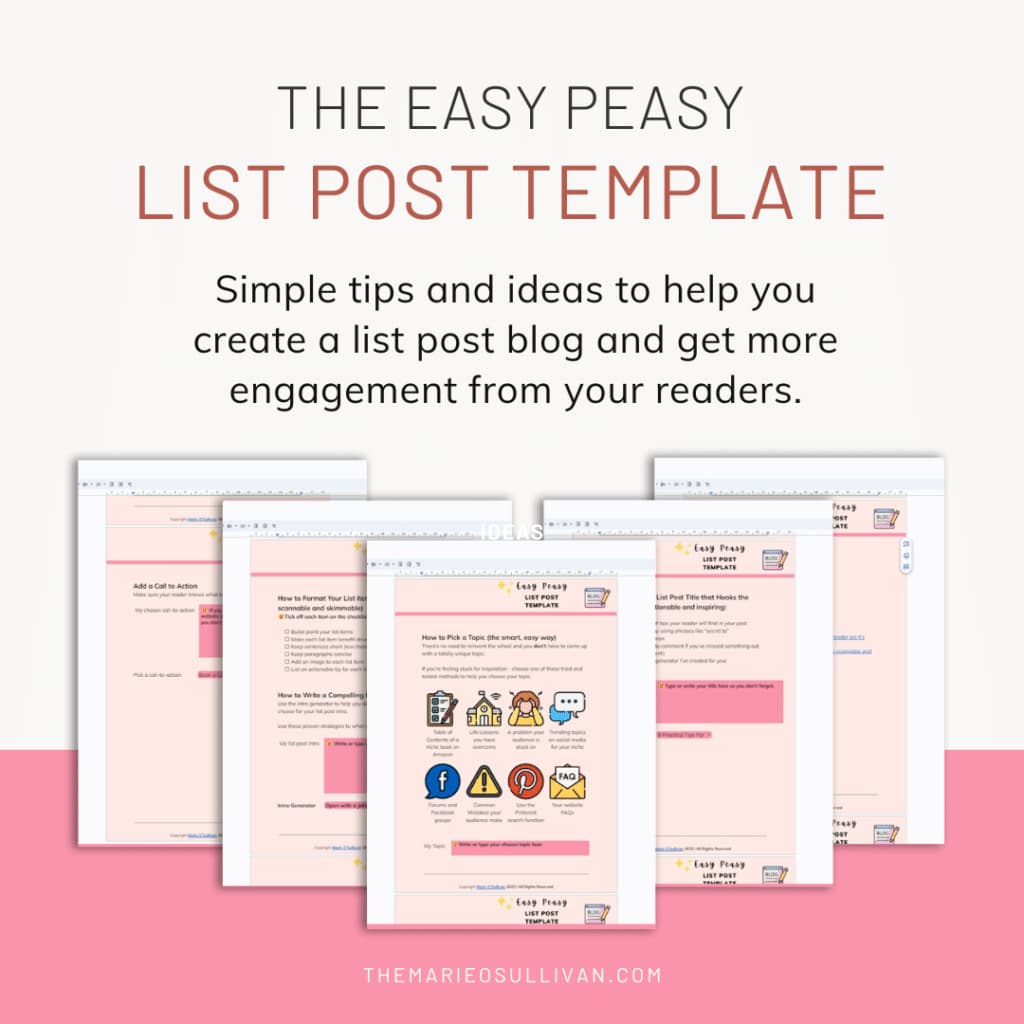 Graphic titled "The Easy Peasy List Post Template" featuring a preview of a blog post template with tips and ideas for creating list posts, perfect for learning how to write your first blog post. The background is light pink. Visit [themarieosullivan.com](https://themarieosullivan.com).