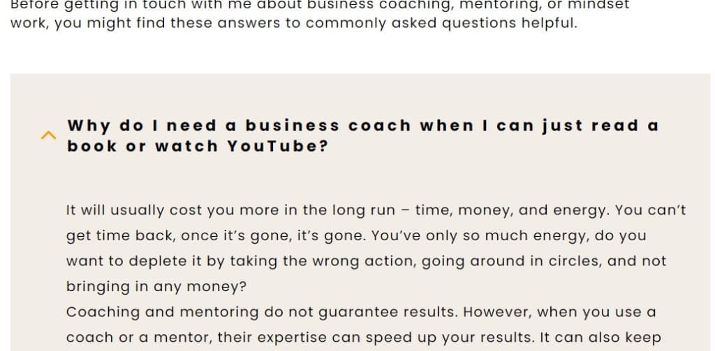 A section of a well-designed business coach website highlights the benefits of hiring a coach over relying on self-help books or YouTube. It underscores the value of expert guidance in saving time, money, and energy, emphasizing how personalised strategies lead to improved results.