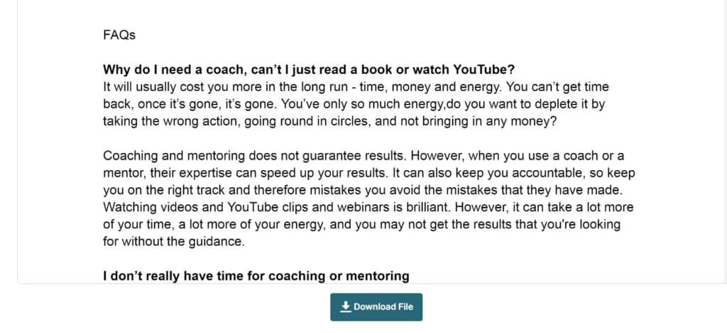 Screenshot of a transcript taken from our 1:1 Zoom call session recordings when I was copywriting the content for Amanda's site.