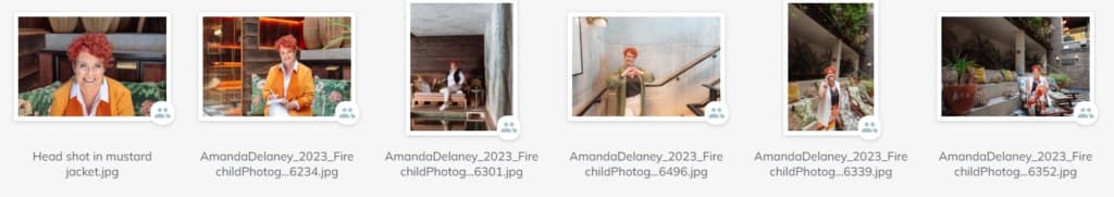 A series of five images features Business Coach Amanda Delaney in various settings, like in a mustard jacket indoors, holding a drink, sitting on a staircase, and posing outdoors. Each 2023 time-stamped shot could inspire a creative business coach's website design.