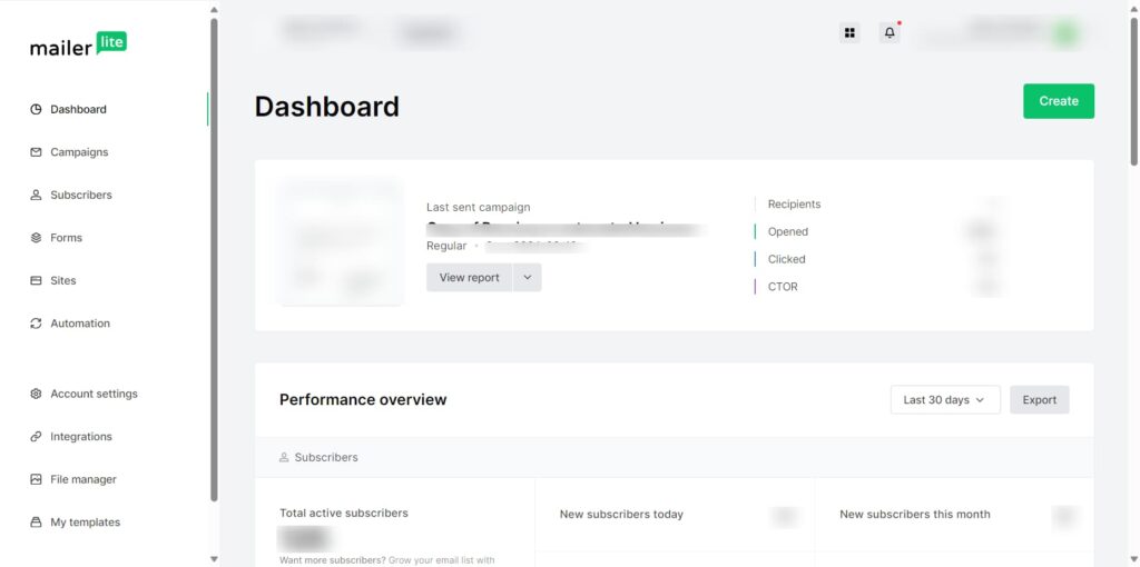 The MailerLite dashboard gives you an at-a-glance overview of how your email campaigns are performing. 
You can easily check your total active subscribers and new subscribers on the dashboard. 