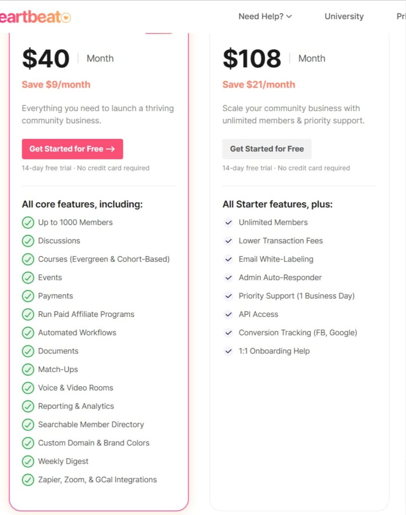 Heartbeat Community Pricing - how much does it cost? Feature comparison chart.