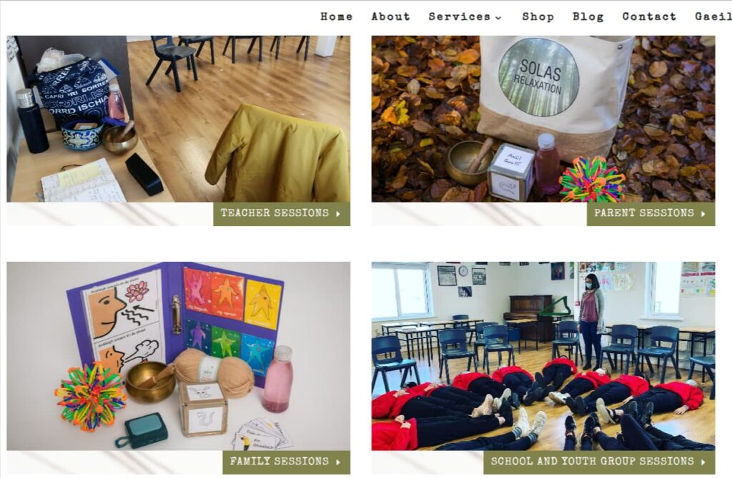 Katie's website features professional photographs of the resources she uses in her Relax Kids and mindfulness classes. The photos include a Solas Relaxation branded tote bag, a signing bowl, a Hoberman sphere and visuals of the Relax Kids 7 Steps.