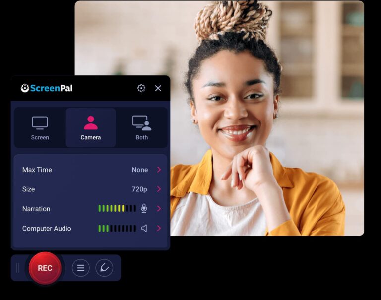 A person smiling in a video call interface, shown with ScreenPal's online course video software options including screen, camera, or both, plus settings for max time, size, narration, and computer audio.