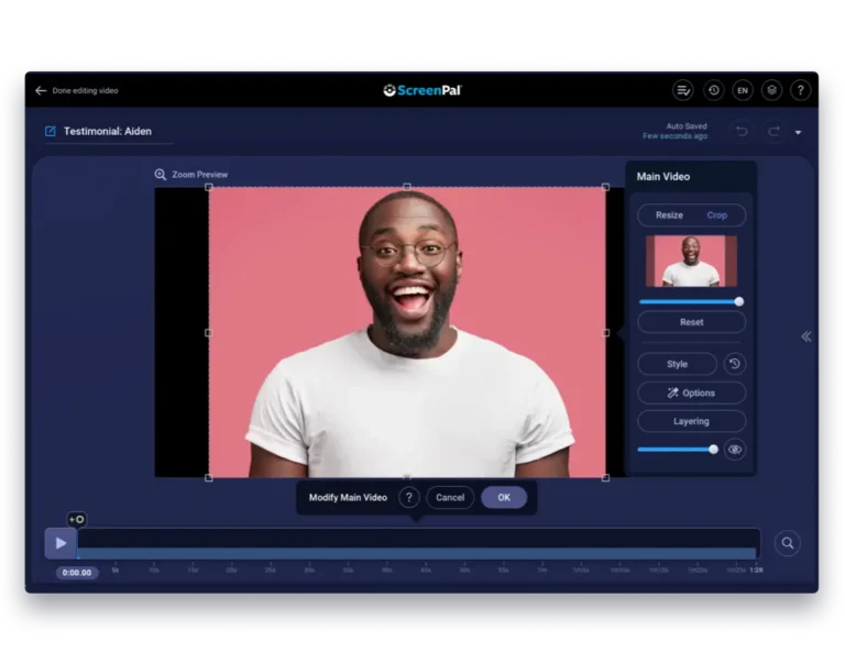 Screenshot of ScreenPal video editor (an online course video editing software) displaying a man in a white shirt with a surprised expression against a pink background. The interface shows options for resizing, layering, and playback controls.