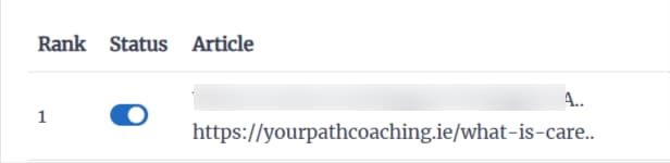 Screenshot showing a site audit with columns labelled "Rank," "Status," and "Article." The first row shows the rank as 1, status toggled on, and a URL. My client Helen followed the SEO tips I'm sharing here to achieve this result and attract her ideal clients.