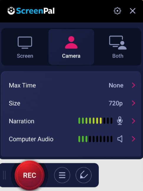 A screenshot of the ScreenPal interface, showcasing its online course video software capabilities. The Camera option is selected, max time set to None, size set to 720p, with buttons for recording and narration options clearly visible.