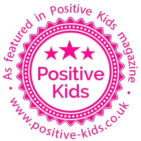 A pink circular badge featuring three stars and the text "Positive Kids" at its core. Along the edge, it proudly states, "As featured in Positive Kids magazine," with a nod to talented web designers via the website "www.positive-kids.co.uk.