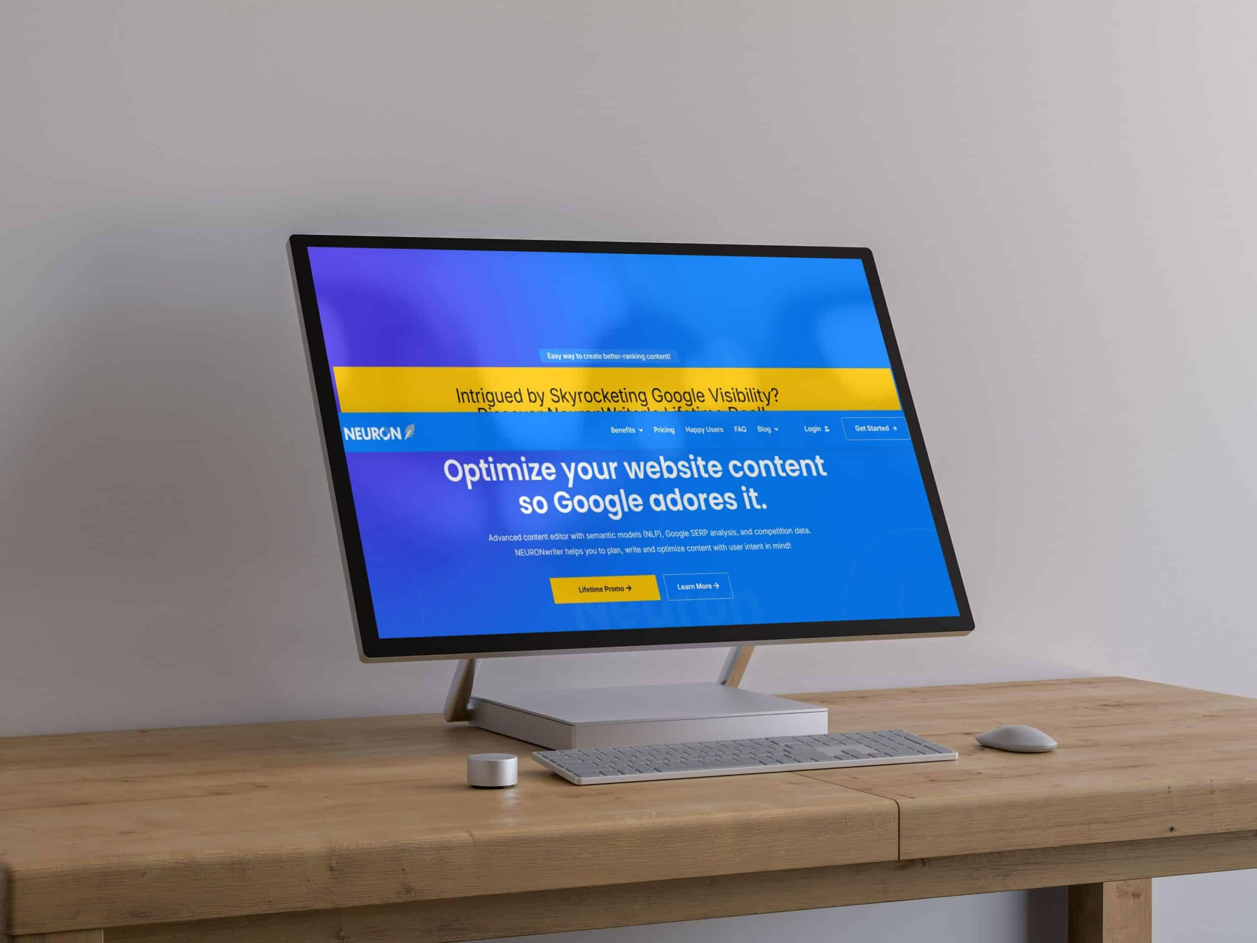 A computer monitor on a wooden desk displays the Neuronwriter website - a website with a blue and yellow theme. The website headline reads "Optimize your website content so Google adores it." A small keyboard and mouse sit in front of the monitor.