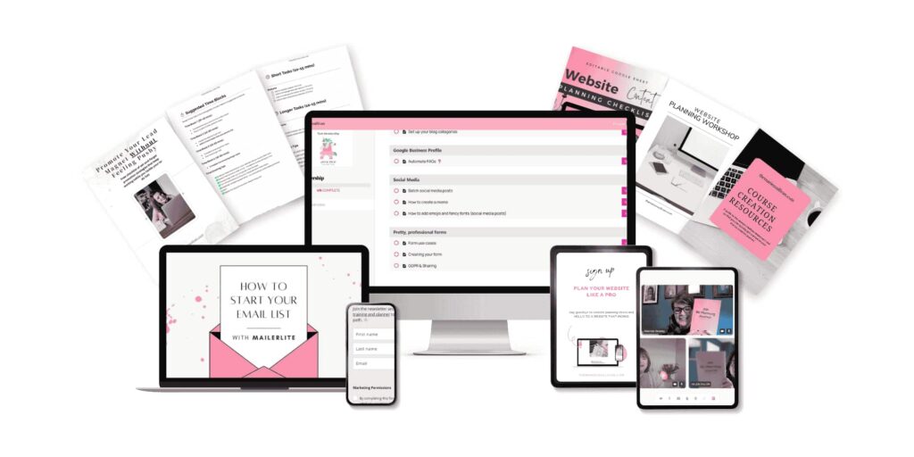 Various digital devices displaying a website and documents related to online marketing and business tools are arranged in an arc, symbolising tech-membership. Items include a desktop, laptop, tablet, smartphone, and printed materials in pink, black, and white.